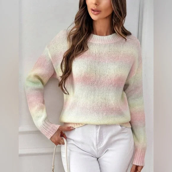 Multi Cable Knit Tie Dye Drop Shoulder Ombre Sweater Mult Sizes New - Picture 5 of 6